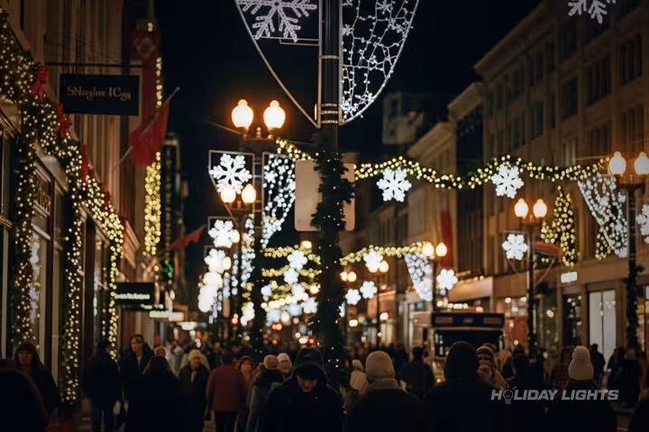 Downtown Decorated With String Lights On Trees And Lamp Posts - Municipal Christmas lights installation in New Jersey